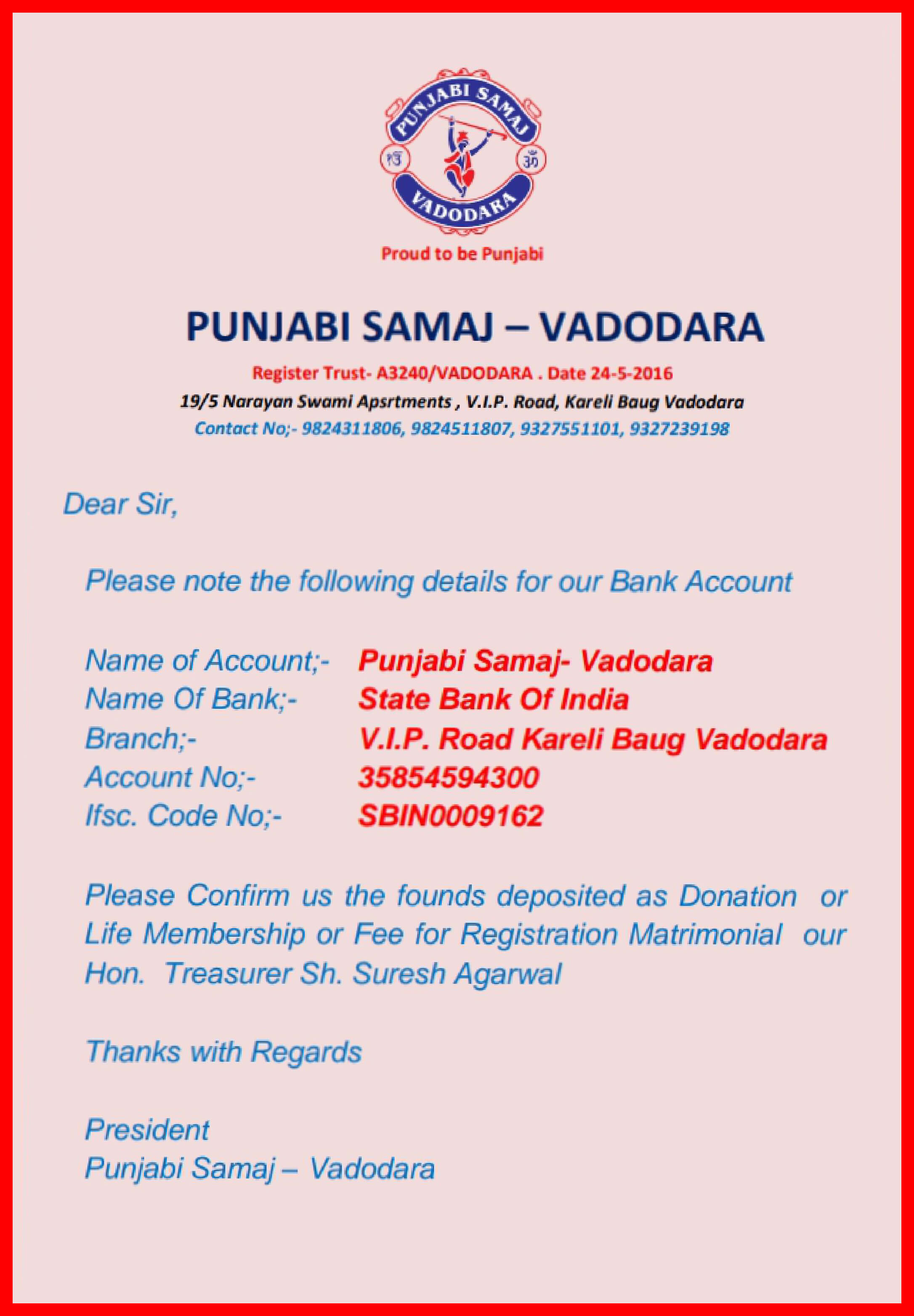 Punjabi Samaj Bank Details